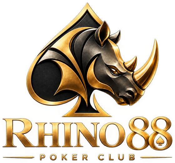 Logo Rhino88 Poker Club: złoty nosorożec na tle pika